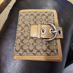 Coach Tan and Brown Monogram Buckle Wallet